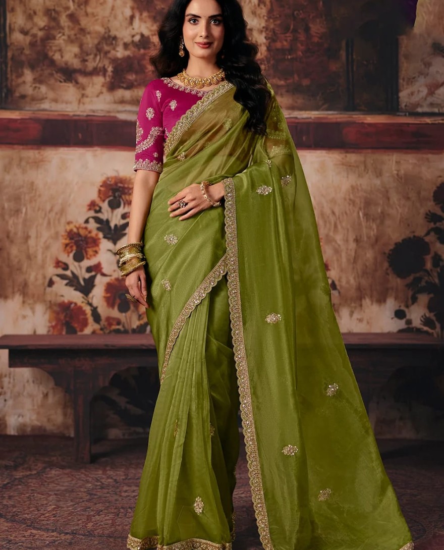 1008 - Green & Pink Designer Style Festive Wear Saree